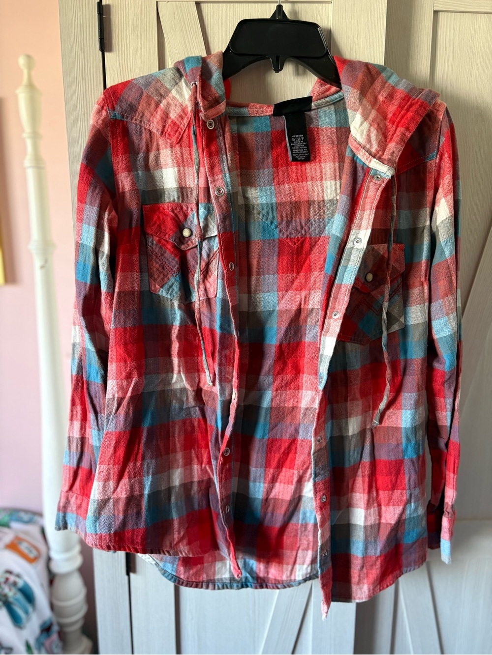 Wrangler Red, Blue & White Plaid Hooded Button-Up Shirt
